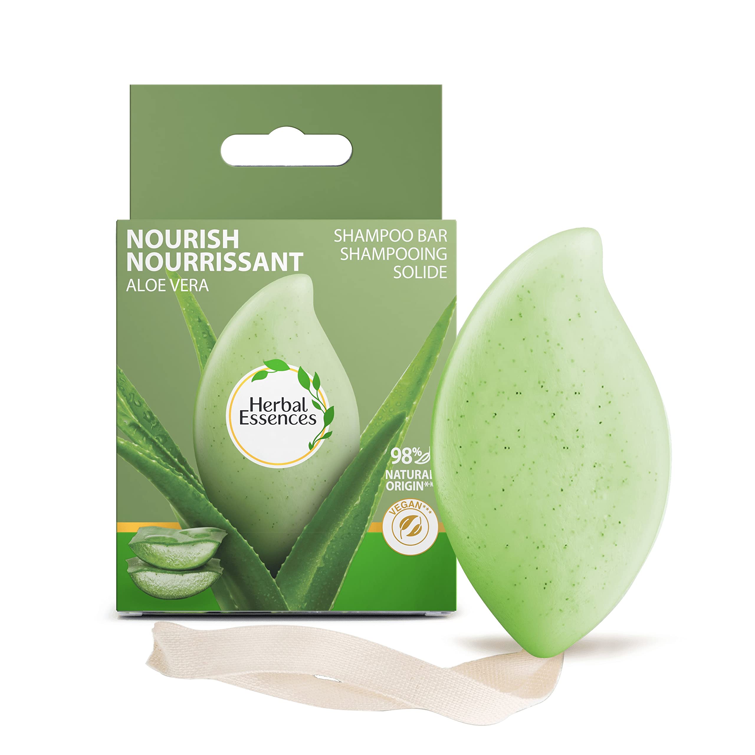 Herbal Essences Hydrating Vegan Shampoo Bar with Aloe Vera Gel, Solid Travel Toiletries for Dry Hair (70G) Rich Lather, 98% Natural Origin, Cruelty Free & Recyclable Box