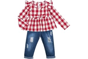 tagyum Toddler Baby Girls Clothes Ruffle Long Sleeve Shirt A line Tops Flare Denim Jeans 2 Piece Little Girls Outfits