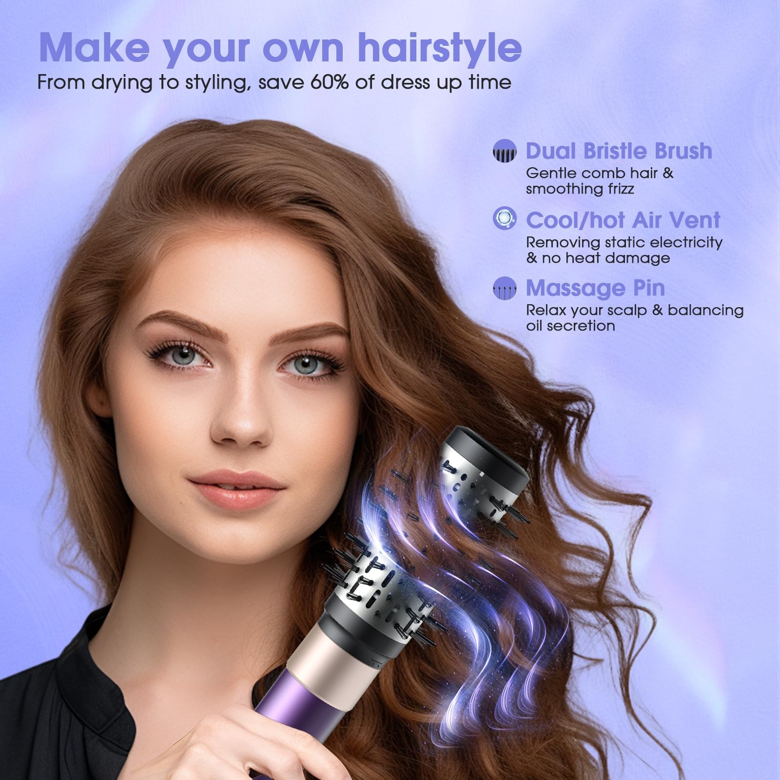 7-in-1 Hair Dryer Brush and Hair Styler Set – Fast Drying, Curling, Straightening & Volumizing – Hot Air Styling Tool with No Heat Damage – for All Hair Types – Lavender