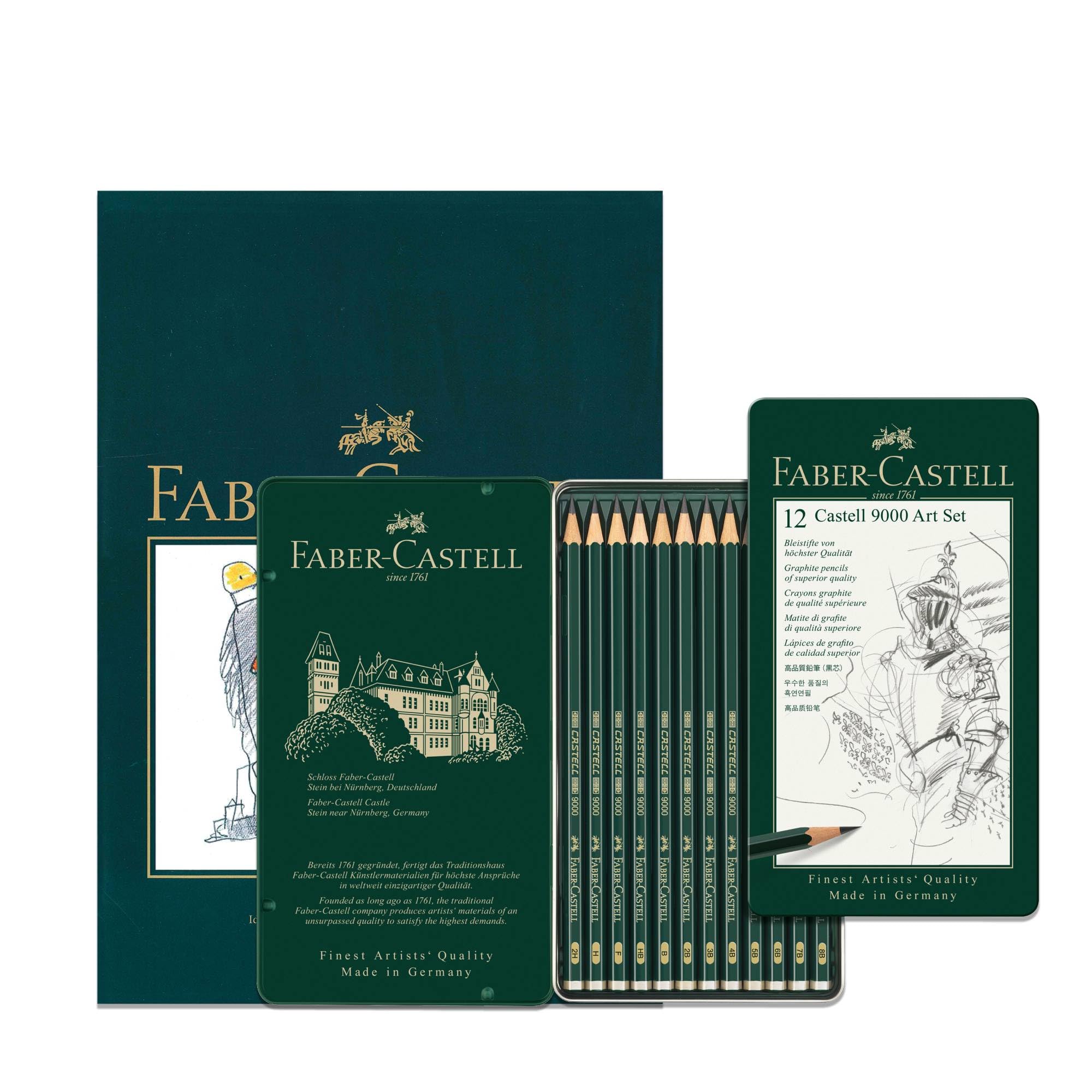 Faber-Castell A4 Sketch Pad, 40 Sheets, 160gsm & Castell 9000 Art Set Tin of 12, Adult Colouring Books, Craft Supplies, Drawing, Sketching, Lightfast Pencils, Schools, Home, College