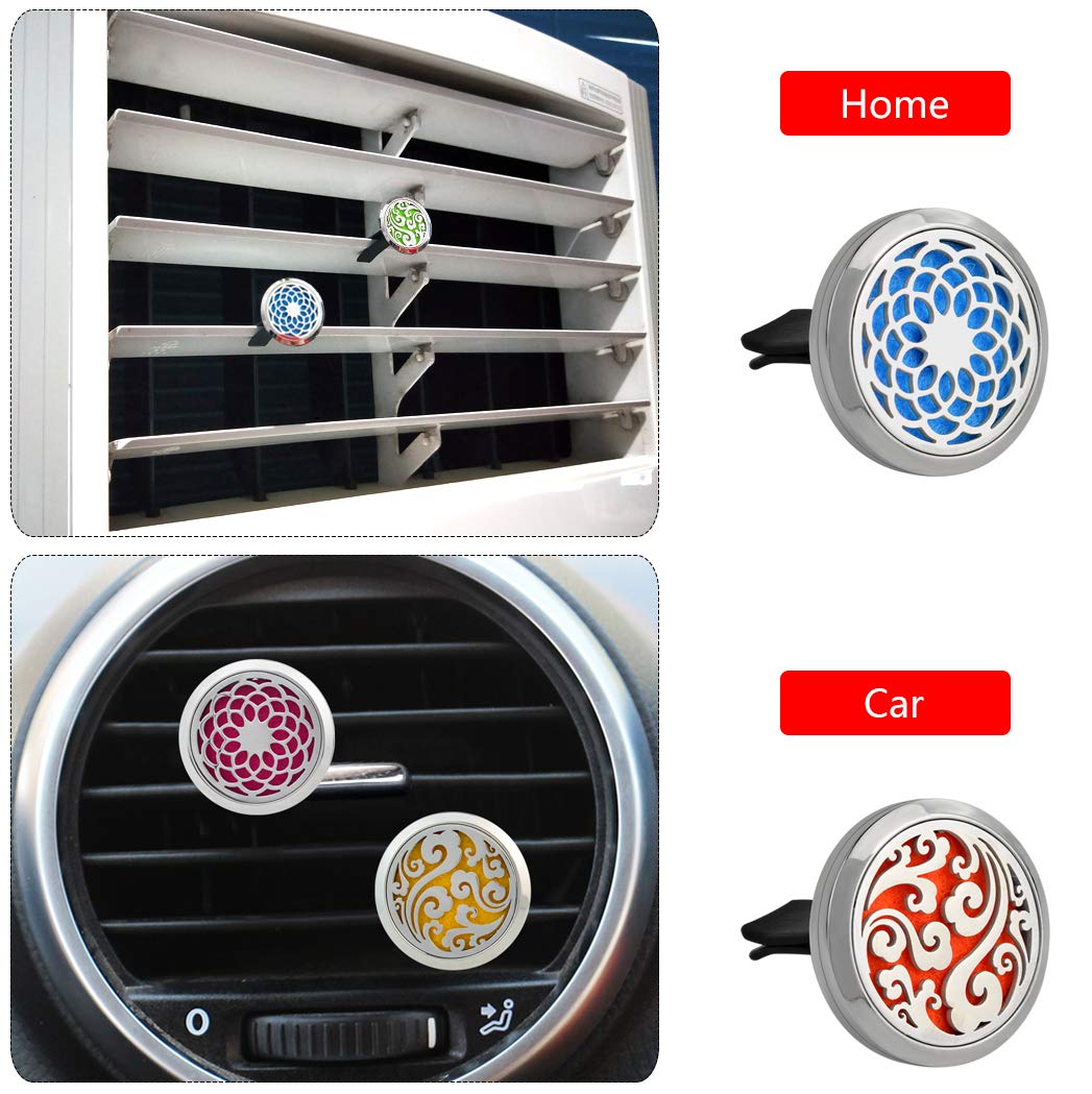 Aromatherapy Essential Oil Diffuser Set, heliltd 2PCS Car Diffuser Vent Clip and 2PCS Essential Oil Perfume Diffuser Necklace Stainless Steel Locket Air Freshener (30mm)