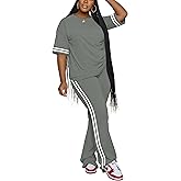 Aomice Women's 2 Piece Outfits Crewneck Short Sleeve Tops and Flare Pants Lounge Sets Tracksuit