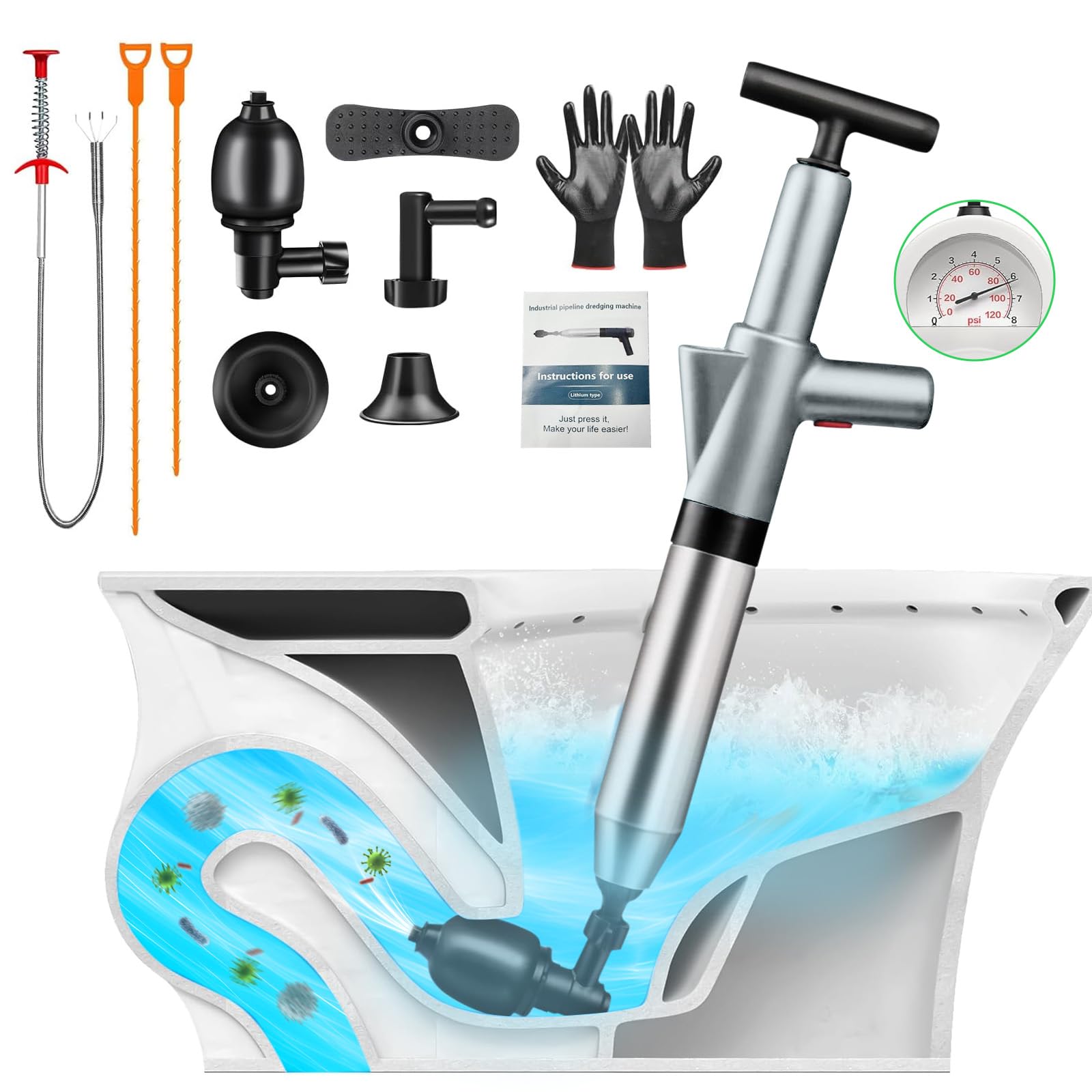 Photo 1 of jojnawa High Pressure Toilet Plunger, Toilet Snake Air Drain Blaster with Real -Time Barometer, Heavy Duty Drain Clog Remover for Bathroom, Floor, Shower, Kitchen Clogged (Gery-Manual)