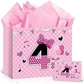 Cartoon Mouse 4th Birthday Gift Bag Pink Mouse 4th Birthday Bag with Tissue Paper and Card Pink Plaid Bow Four Years Old Gift Wrapping Paper Bag for Baby Girls Shower Princess 4 Year Old Party Decor