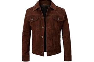 LP-FACON Mens Trucker Suede Leather Jacket - Western Style Cowboy Leather Jacket Brown/Black