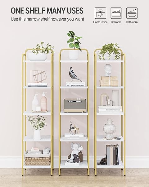 HZUANERI BOOKCASE BOOKSHELF, NARROW BOOK SHELF, INDUSTRIAL CORNER SHELF STORAGE ORGANIZER, SLIM SHELVING UNIT FOR HOME OFFICE, LIVING ROOM, BEDROOM, KITCHEN, 5-TIER WHITE GOLD BC24513G