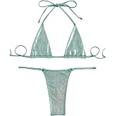 SOLY HUX Women's Metallic Bathing Suit Halter Two Piece Bikini Sets | Micro Triangle Top, String Thong, Swimsuit