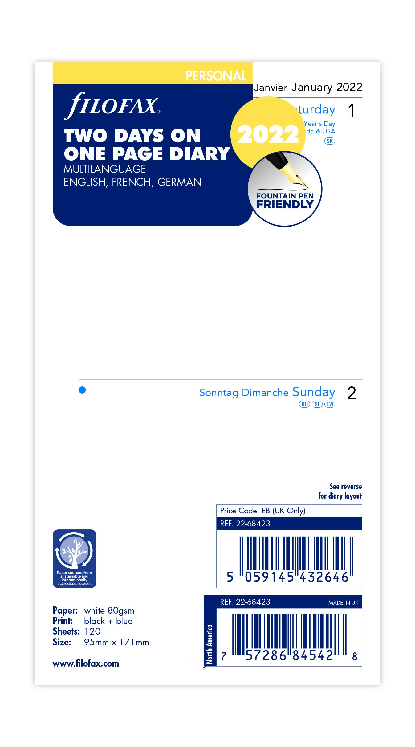 Filofax Personal Two Days per Page 3 Language 2022 Diary 22-68423