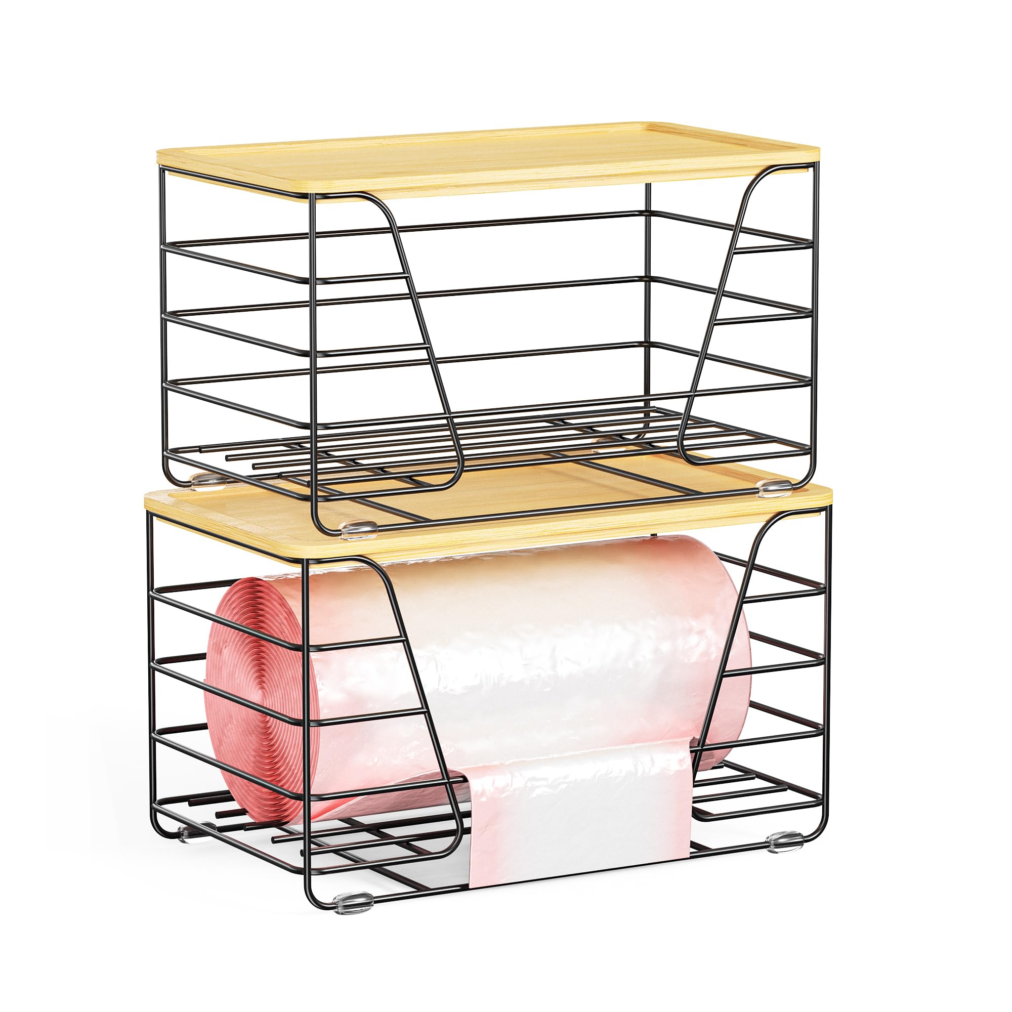 Photo 1 of 2 Pack Stackable Trash Bag Holder, Wall Mount Garbage Bag Dispenser with Bamboo Top, Trash Bags Organizer Under Sink (Black-2 Pack)