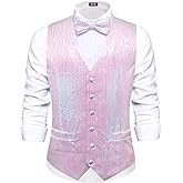 Hi-Tie Men's Sequin Vest Bowtie Prom Suit Vest for Men Tuxedo Dinner V Neck Slim Fit Waistcoats