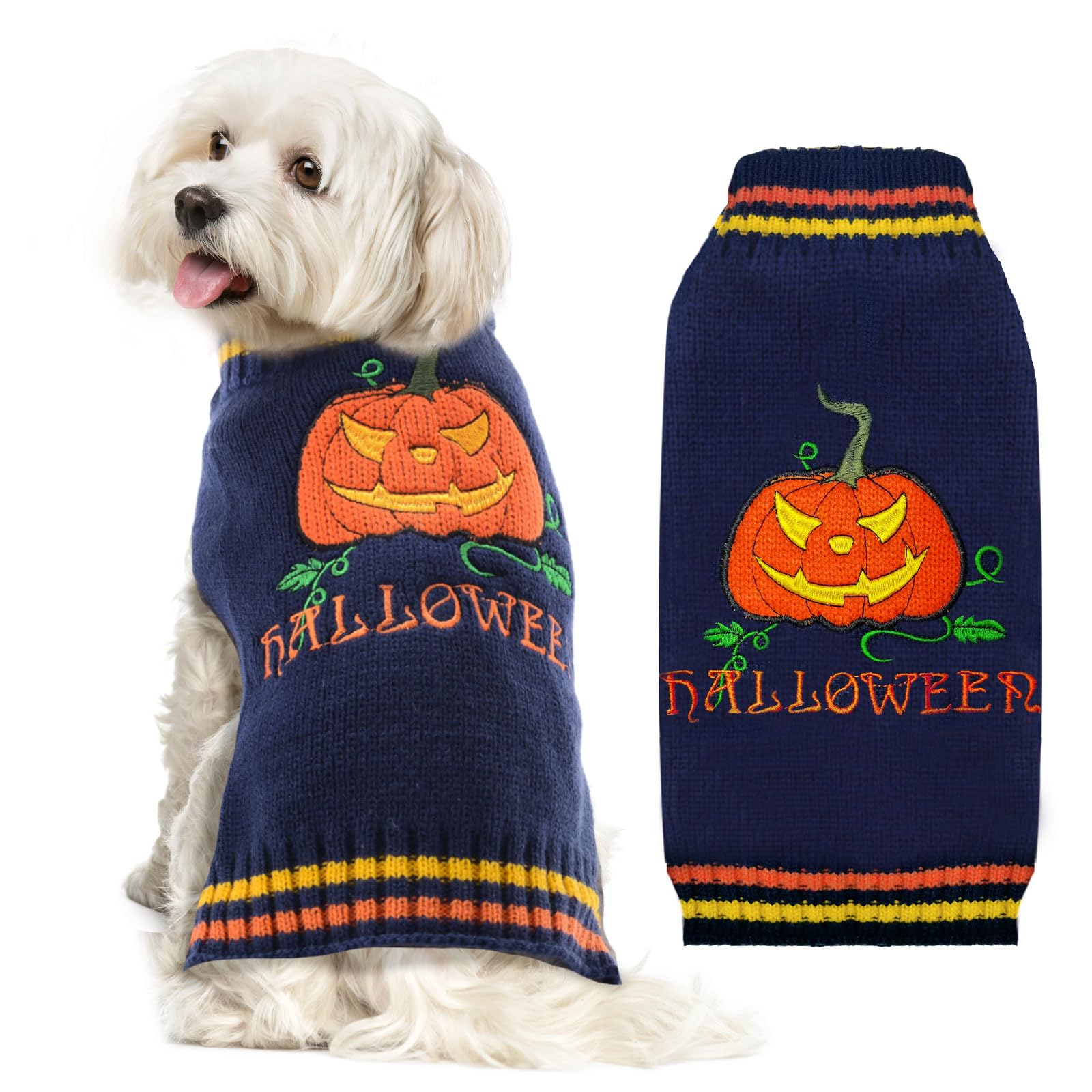 ABRRLO Halloween Dog Jumpers Pumpkin Sweater Dog Halloween Costumes Puppy Cat Turtleneck Knitwear Winter Warm Pet Clothes Funny Holiday Party Outfit Apparel for Small Midum Large Dogs (Blue, L)