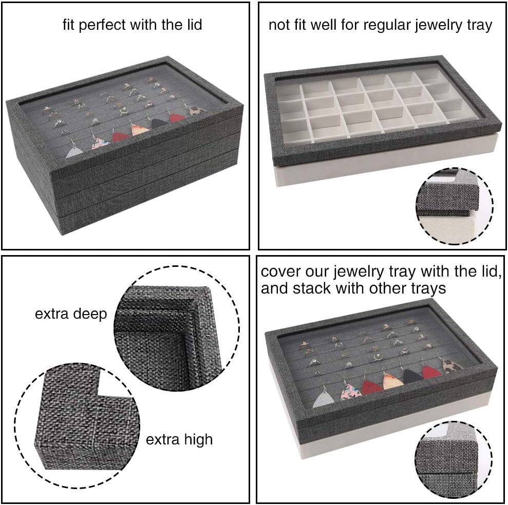 Mebbay Sackcloth Stackable Jewelry Trays Organizer Set with Clear Lid, Jewelry Storage Display Trays for Drawer, Earring Necklace Bracelet Ring Organizer - Set of 4 (Grey-Black): Home & Kitchen