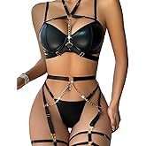 Lilosy Sexy Pu Leather Strappy Underwire Garter Belt Lingerie Set