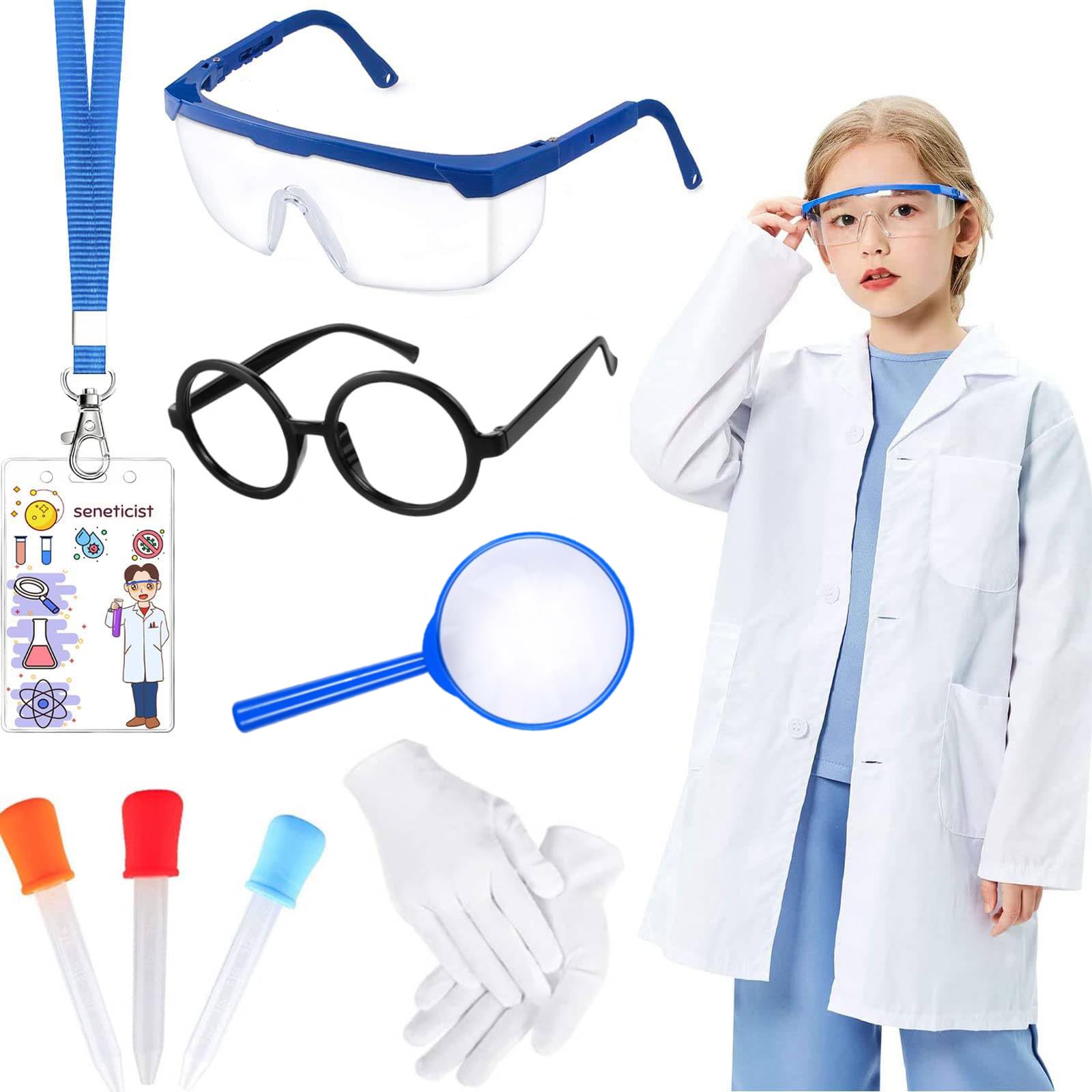 Kavoc 7Pcs Science Lab Cosplay Costume Set Includes Lab Coat ID Card Liquid Dropper Gloves Goggles (S)