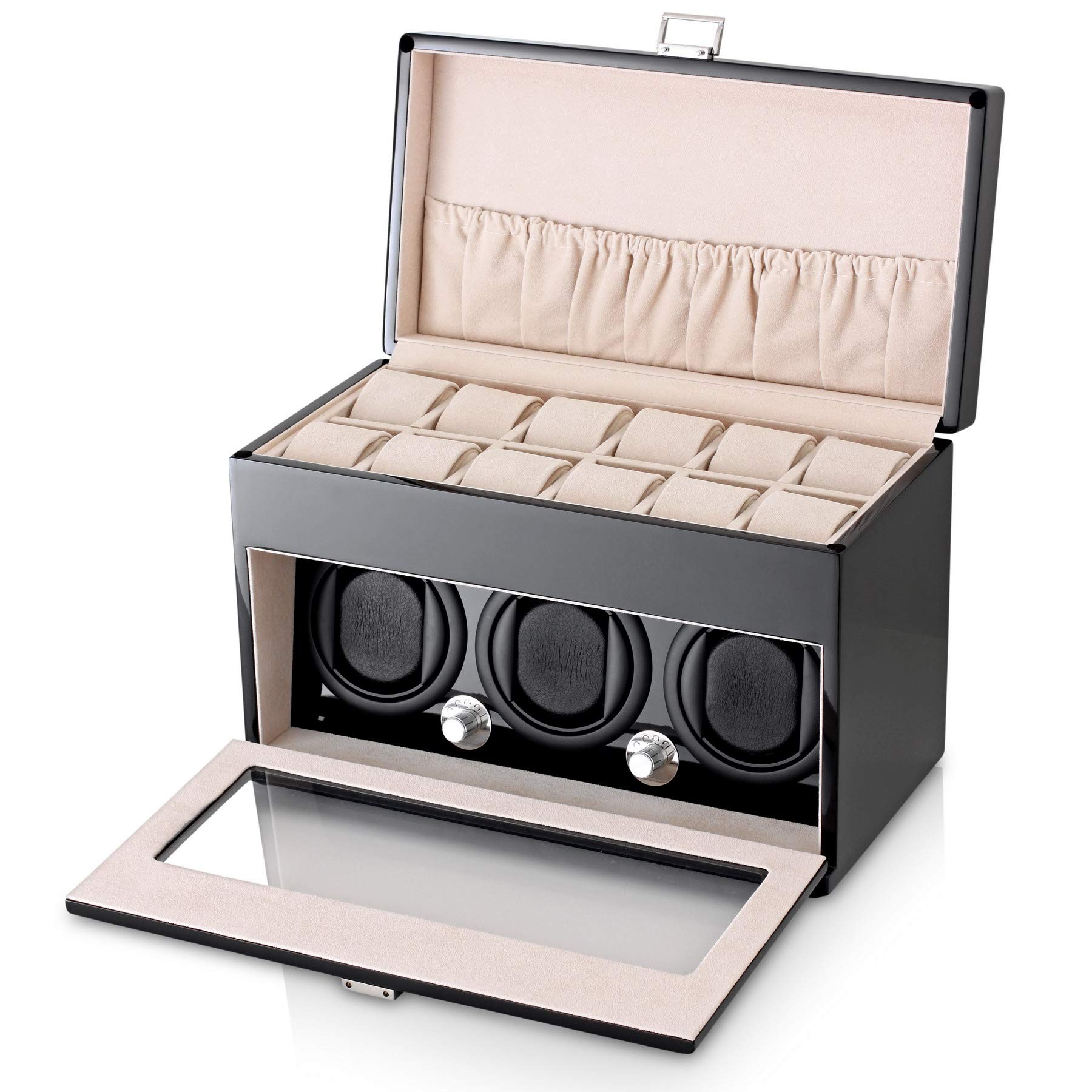 Leader WATCH WINDERS Watch Winder and Storage Box for Winding 3 Automatic Watches and 12 Watch Storage Space