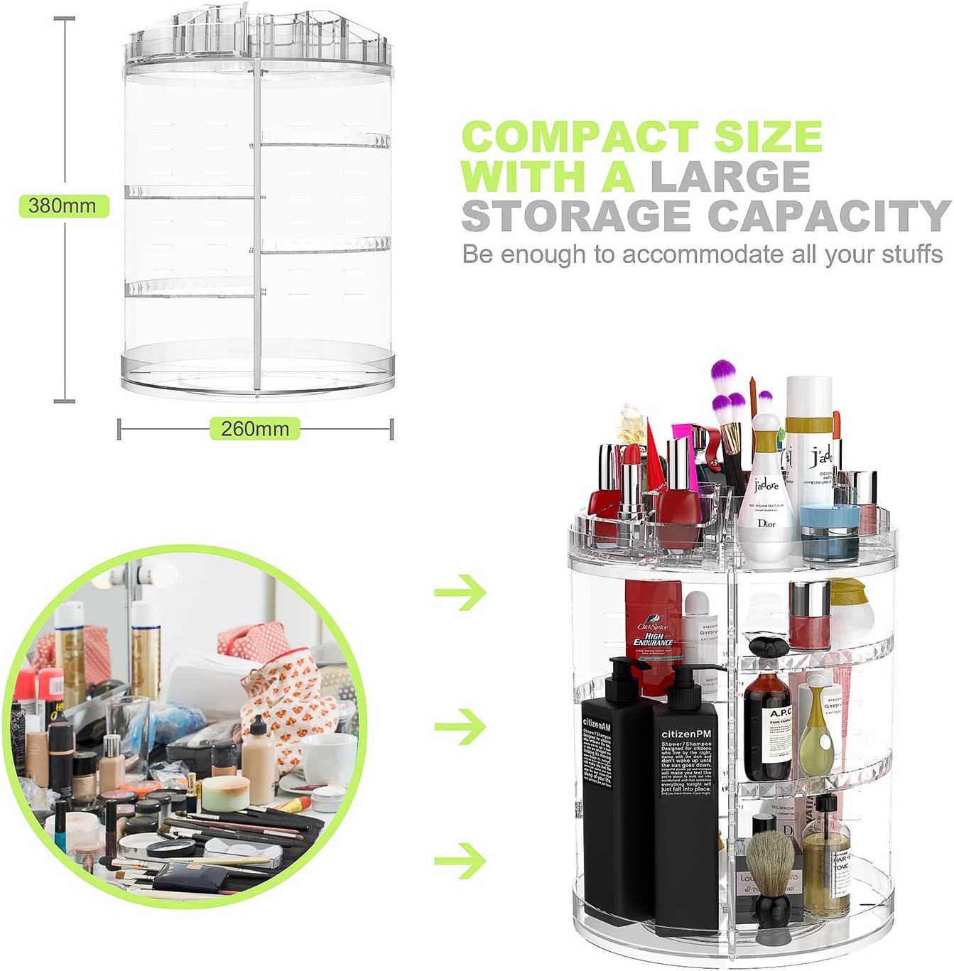 Makeup Organizer, 360 Degree Rotating Adjustable Cosmetic Storage Display Case with 8 Layers Large Capacity, Fits Jewelry,Makeup Brushes, Lipsticks and More, Clear Transparent: Home & Kitchen