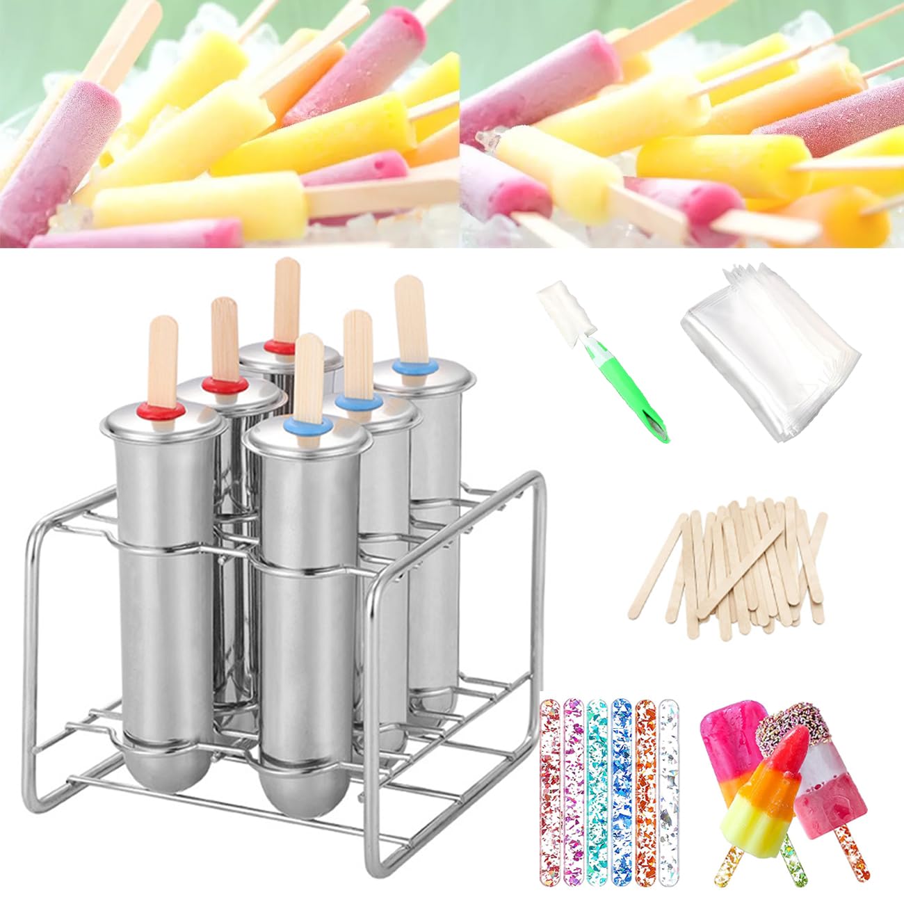Photo 1 of Set of 6 Stainless Steel Popsicle Molds Kit, Metal Popsicle Moulds,Homemade Ice Treat Makerwith 50 Wooden Sticks and 6 Silicone Seals and 20 Pop Bags,Cleaning Brush