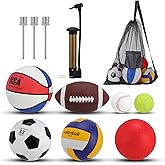 Hoemwarm 7 Pcs Sports Balls Set, Official Size Basketball Soccer Football Playground Ball Volleyball Baseball Tennis with Sports Equipment Bag Pump for Teen Adult