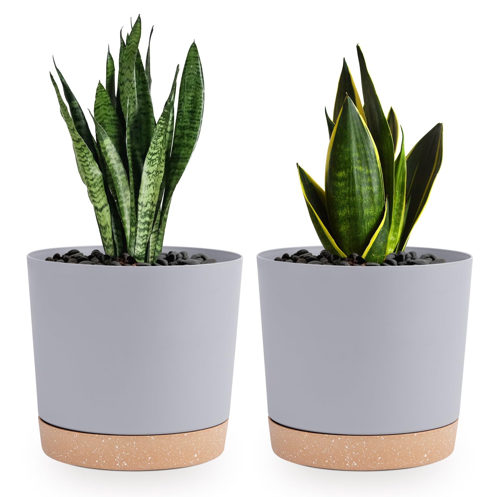 QCQHDU 16.5cm Plant Pot, 2 Pack Planters for Indoor Plants with Drainage Holes & Saucer, Outdoor Flower Pots Home Garden Modern Decor (Light Grey, 16.5cm)