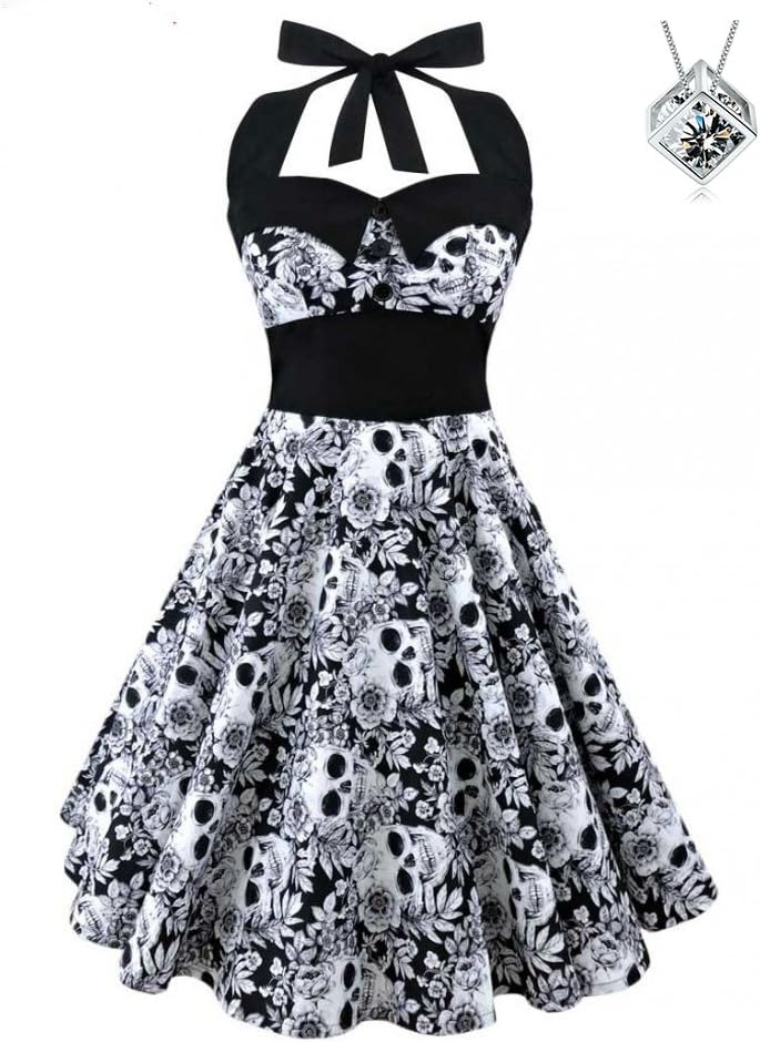 BiilyLi Women's Vintage Skull Print Rockabilly Cocktail Dress Hepburn Style
