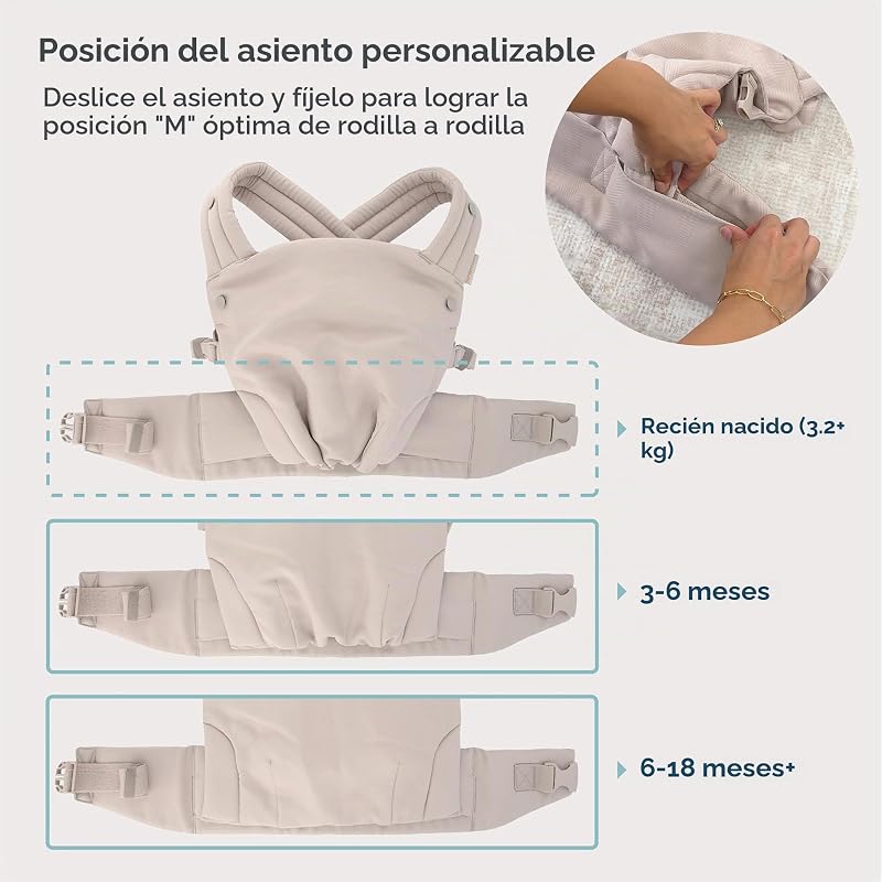 Porta-bebés Honey Blossom, ergonómico, posição M, banco ajustável, 3,2–18,1 kg, amêndoa torrada