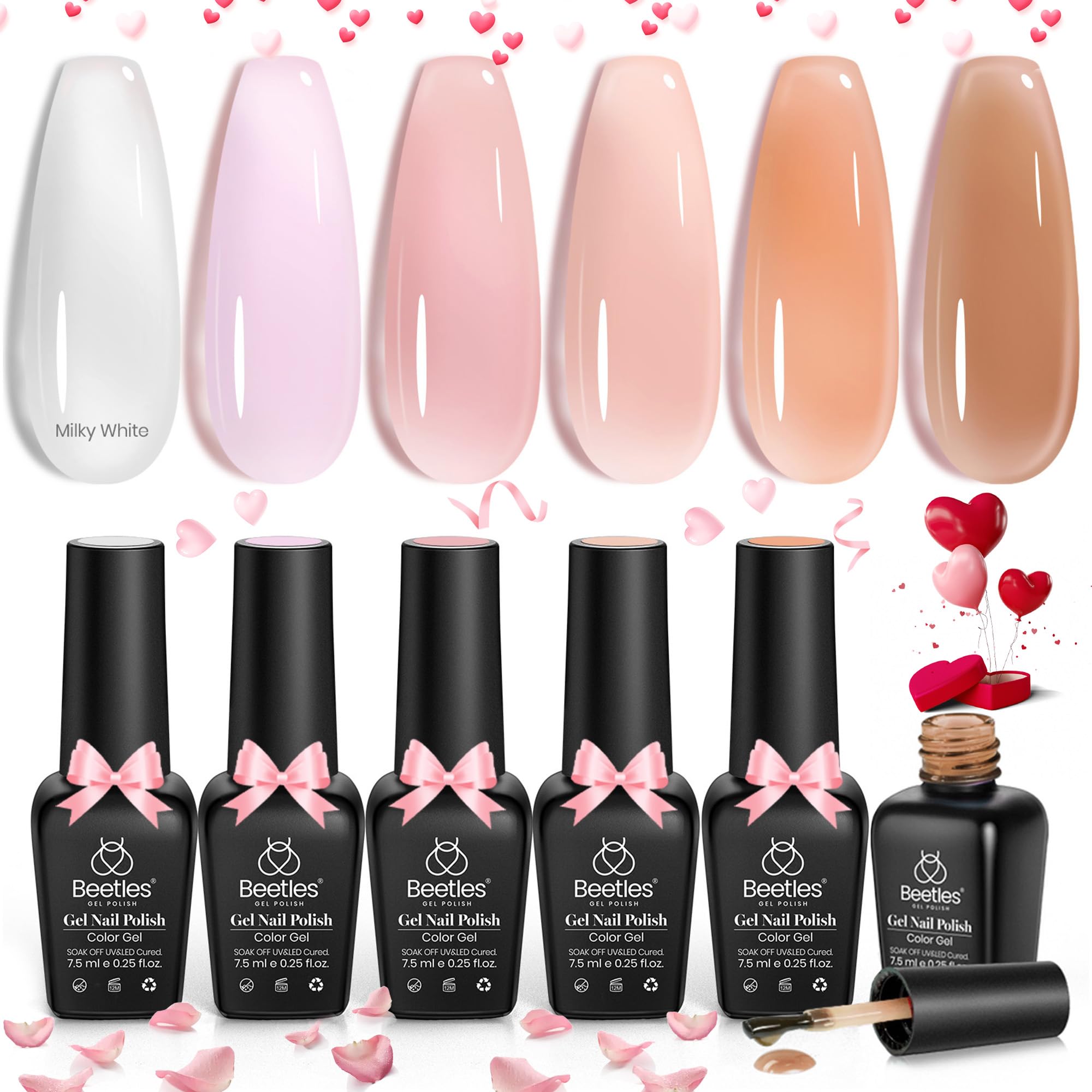 Beetles Jelly Gel Nail Polish Set, 6 Colors Milky White Nude Pink Sheer Brown Gel Polish Kit Nail Concealer Translucent Effect Soak Off Uv French Nail Art Gift for Women Ultimate Monochrome Collection