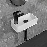 White Wall Mounted Ceramic Bathroom Sink, 7" x 14" Rectangle Floating Porcelain Vessel Sink with Black Faucet and Pop up drai