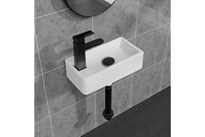 SOLIDEE White Wall Mounted Ceramic Bathroom Sink, 7" x 14" Rectangle Floating Porcelain Vessel Sink with Black Faucet and Pop up drain Set for Small Bathroom, Left Hand