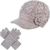 Womens Winter Elegant Cable Flower Knitted Newsboy Cabbie Cap Beret Beanie Hat with Visor, Warm Plush Fleece Lined