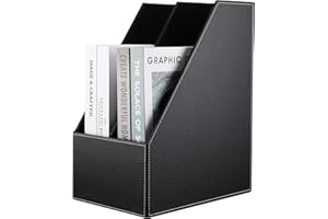 KINGFOM Wooden Leatherette Desktop File Folder Organizer and Document File Stand Journals Magazine Rack 2 Slots (black)