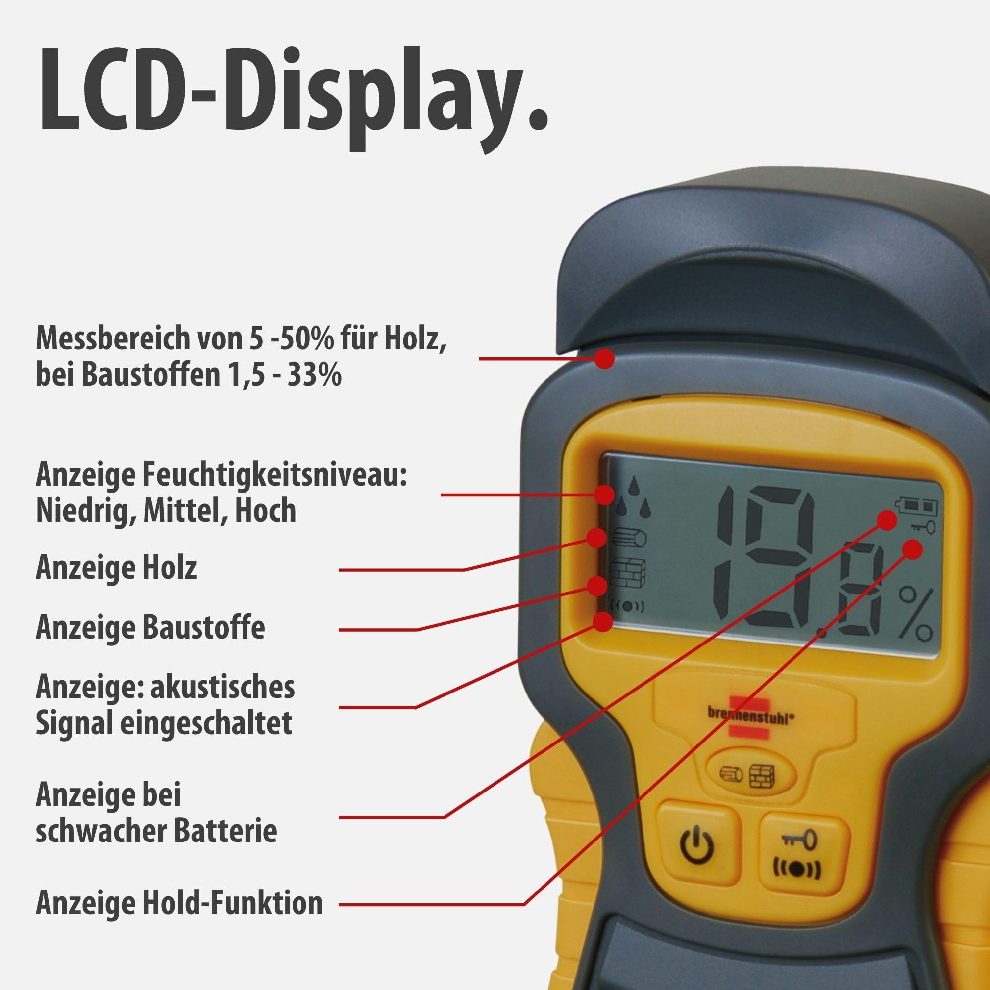 Brennenstuhl Feuchtigkeits-Detector MD (Feuchtigkeitsmessgerät/Feuchtigkeitsmesser für Holz oder Baustoffe, Holzfeuchtemessgerät mit LCD-Display) 4