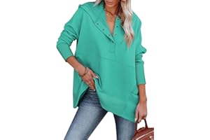 AlvaQ Women Casual Button V Neck Hoodies Oversized Pullover Sweatshirt Hooded Tops with Pockets