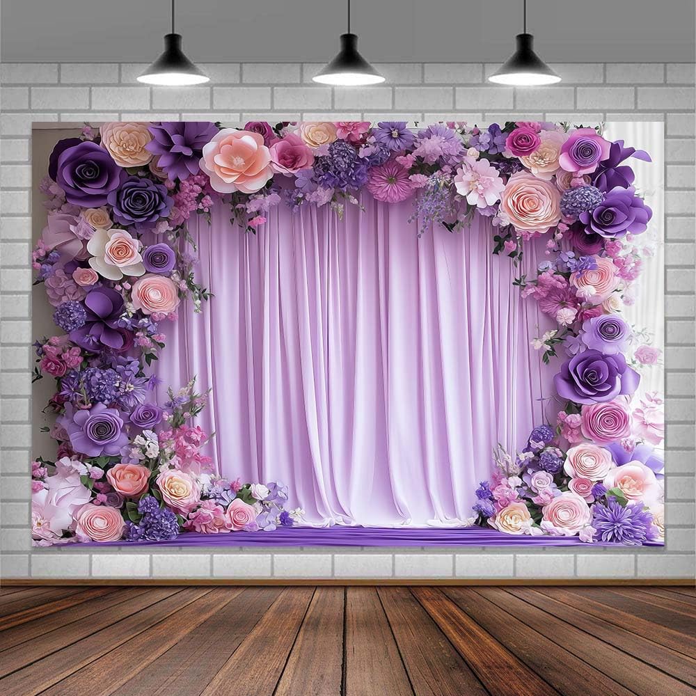 Photo 1 of 10X8ft Purple Flower Wall Background Photography Lavender Backdrop for Parties Wedding, Girls Birthday Princess Weeding Bridal Shower Purple Floral Anniversary Ceremony Decor.