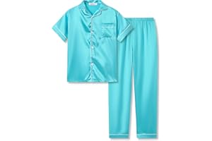 Beezizac Little & Big Girls Pajama Set Size 6-16 -Pink/Blue/Turquoise/Peach Satin Silky Cute Fall Winter Long Outfit
