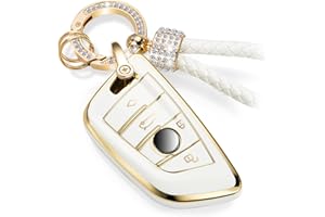 CTRINEWS for BMW Key Fob Cover with Luxury Diamond Bling Braided Rope Keychain, Upgraded Blade Shape Soft Key Case for New BMW Smart Key (Gold Edge Bling)