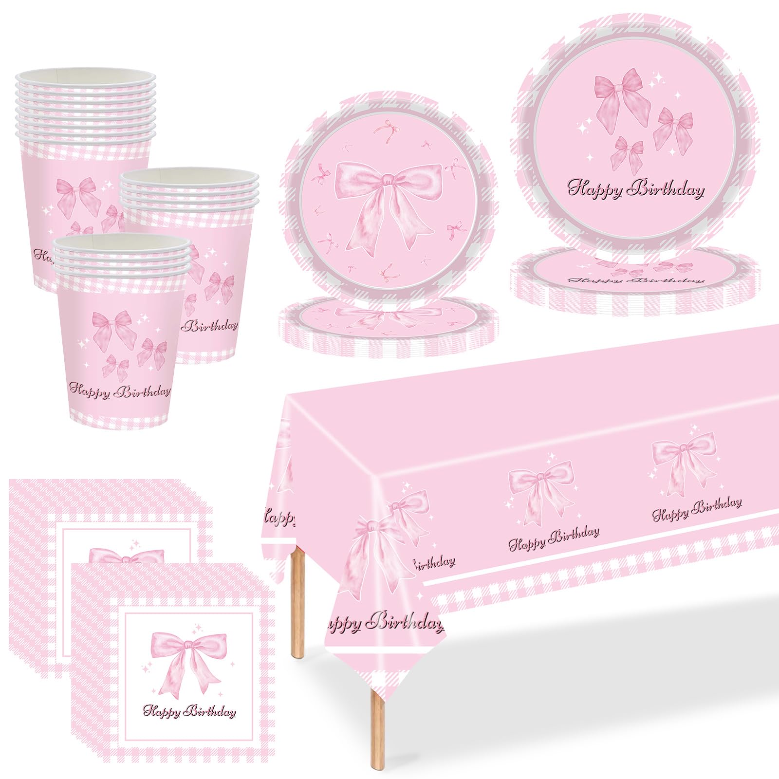 Pink Bow Girls Tableware Set, 69pcs Coquette Decorations With Plates, Cups, Napkins and Tablecloth for Bachelorette, Bride Engagement, Baby Shower - Cute Supplies