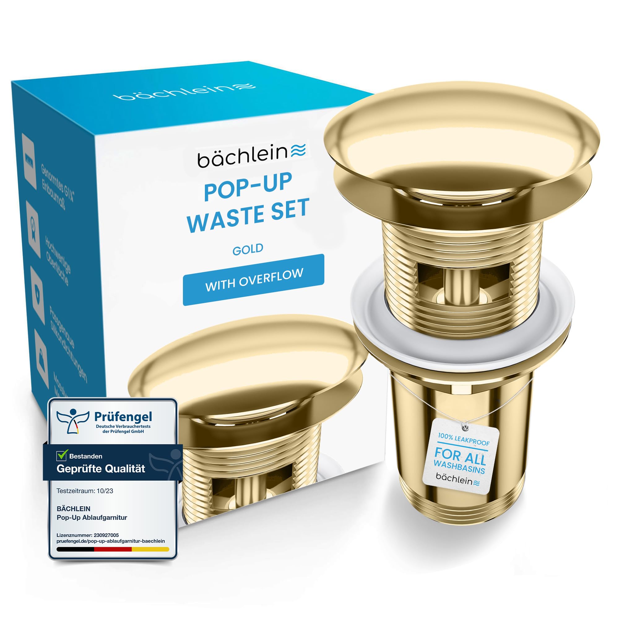 Bächlein Universal Drain Set with Overflow (Gold) - Brass Drain Valve Drain Set - Installation with Instructions