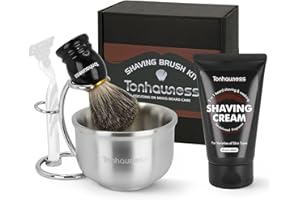 TONHAWNESS Shaving Brushes Kit For Men, 4 In 1 Shaving Brush Set Includes Badger Hair Shaving Brush, Sandalwood Shaving Cream, Stainless Steel Shaving Bowl and Stand