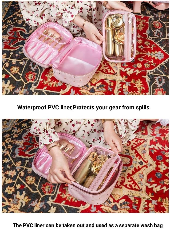 CCjinoo 3Pcs Travel Makeup Bags, Cute Pretty Travel Cosmetic Bag Makeup Organizer with Gold Star Zipper, Makeup Brush Travel Case Toiletry Bag for Women and Girls(Pink)