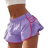 Fisoew Womens Workout Gym Shorts Running Pleated Contrast Stitch Elastic Waist Athletic Quick Dry Shorts