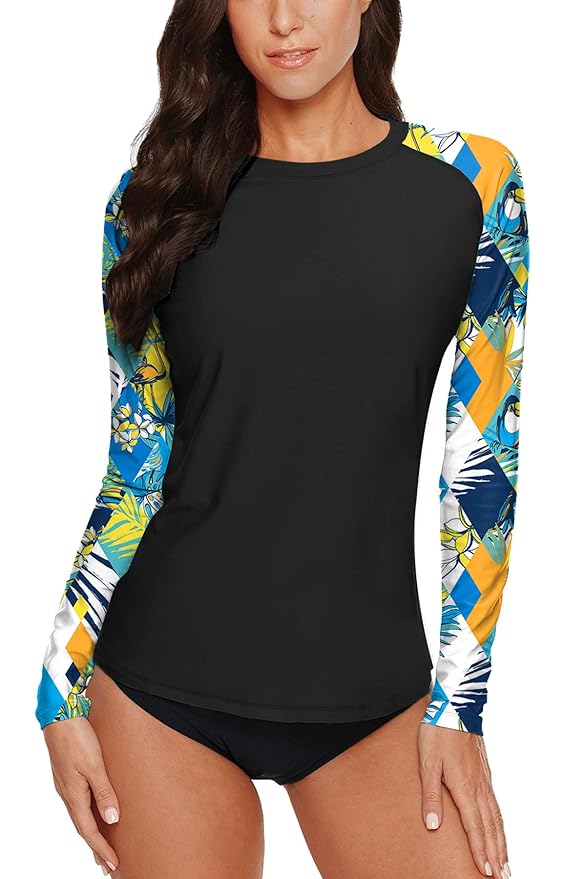 Long Sleeve Swim Shirts for Women Floral Tropical Print Sun Protection