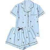 WDIRARA Women's Striped Bow Print Pajama Set Short Sleeve Button Down Shorts Pjs Sleepwear