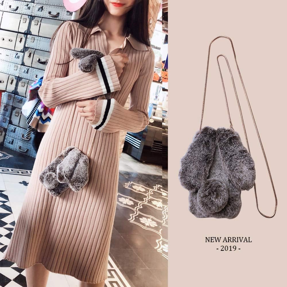 iPhone 8 Rabbit Fur Case with Fluffy Bunny Ears - iPhone 8 Brown Furry Fuzzy Phone Case for Woman Girls, Soft Cute Plush Winter Warm Cover with Crossbody Strap