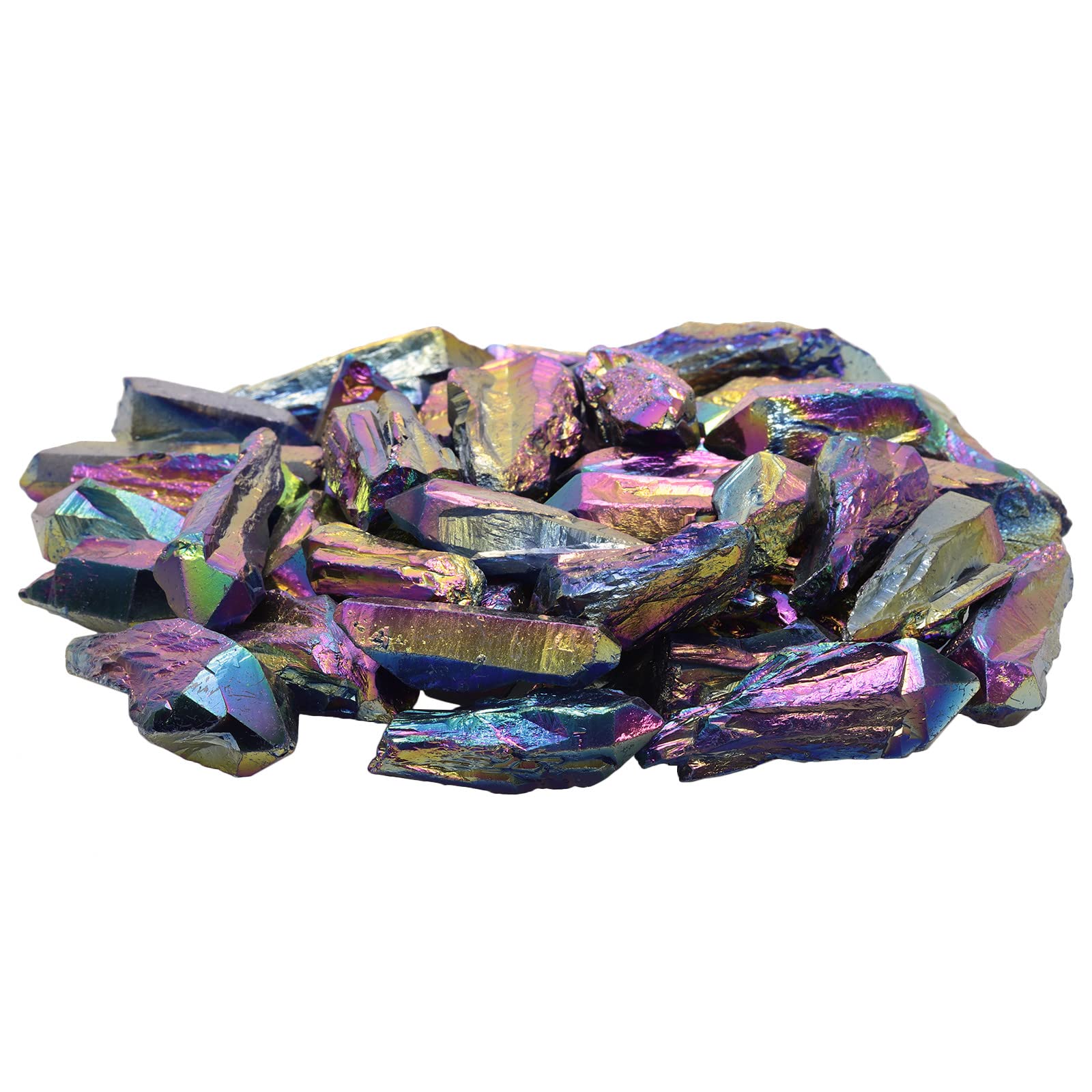 Nupuyai 1lb Titanium Coated Rock Crystal Points Set, Undrilled Irregular Raw Rough Quartz Points Bulk Stone Wand Kit, Colourful