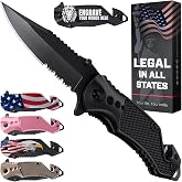 GOOD WORKER Legal Pocket Knife with 2.95&rdquo; Serrated Blade, Glass Breaker, Seat Belt Cutter - EDC Sharp Folding Knives with Portable Clip - Small Tool for Tactical Camping Survival Hiking - Gifts for Men, Women