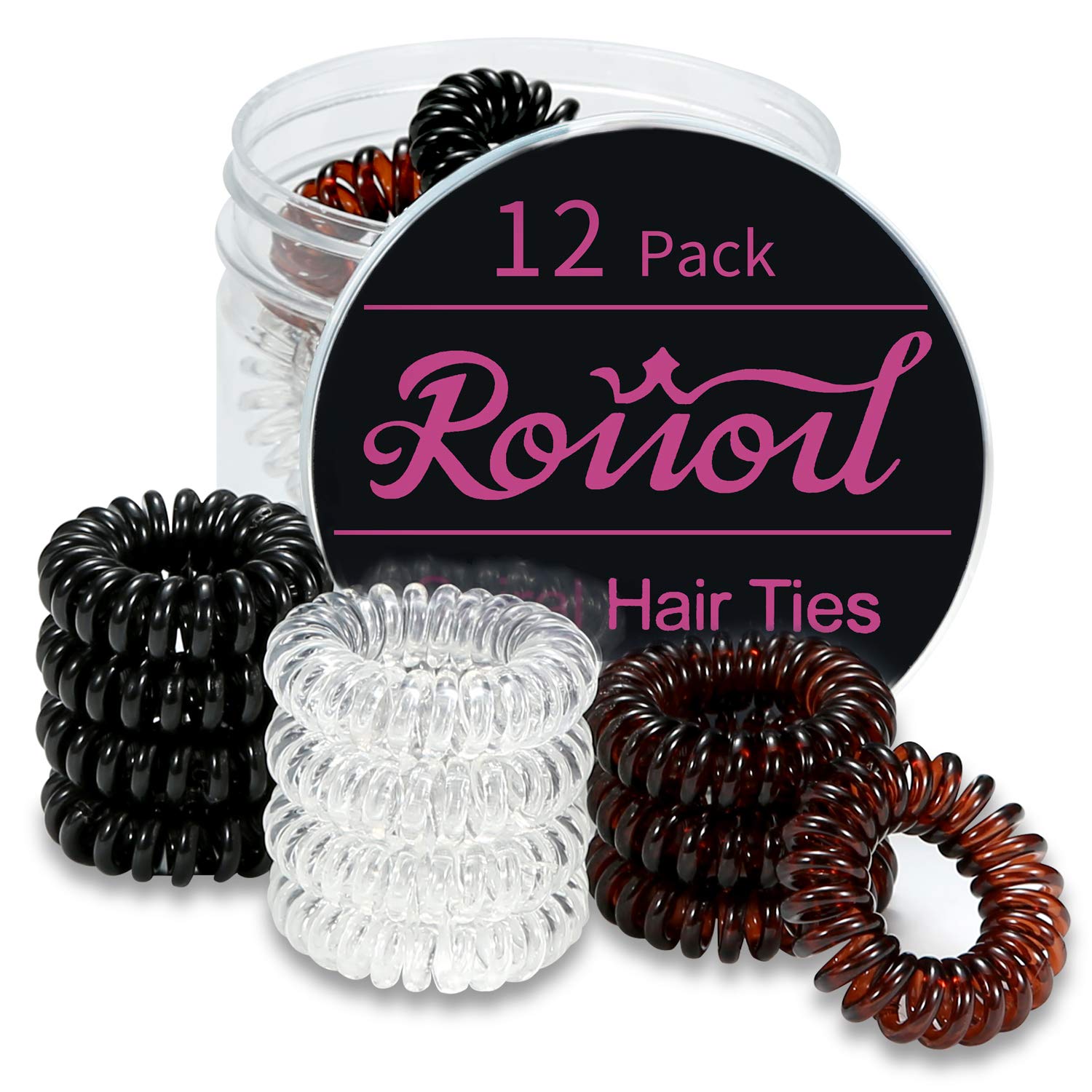 Spiral Hair Ties, 12Pcs Traceless Hair Ring, Coil Hair Ties, Phone Cord Hair Ties, Hair Coils - (Black 4 Pcs, Brown 4 Pcs, Transparent 4 Pcs)