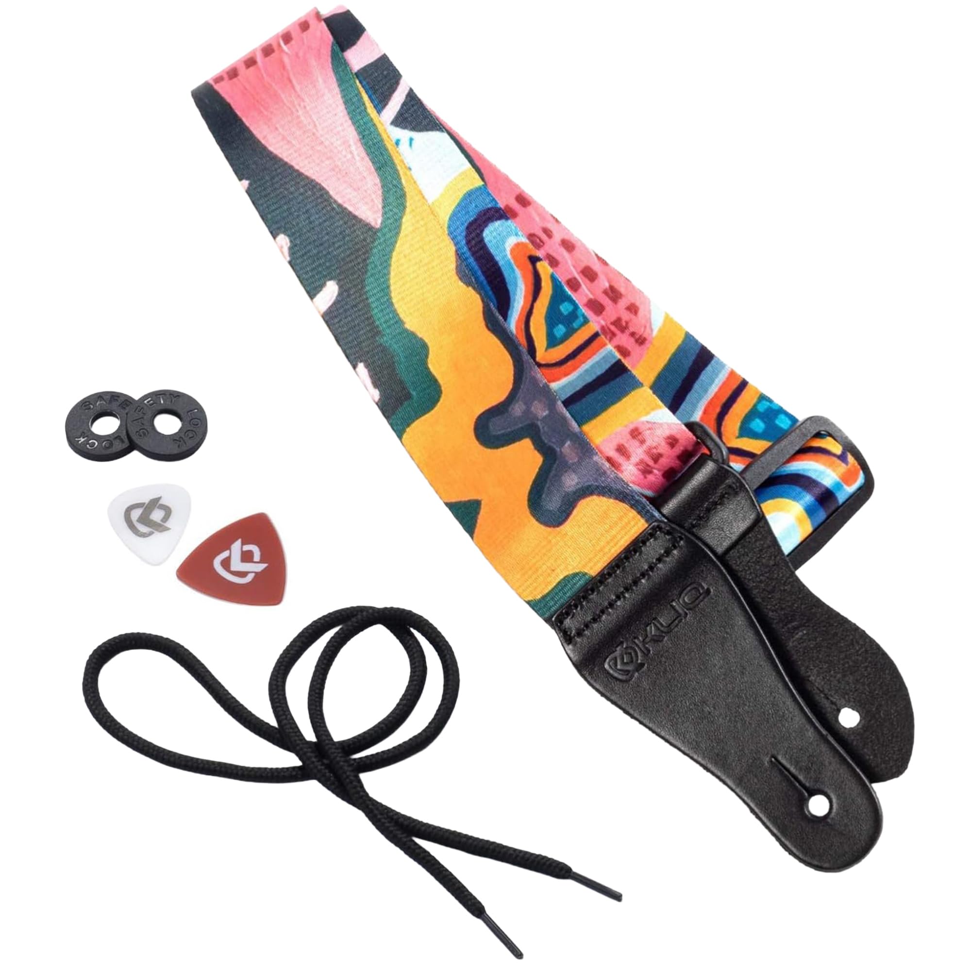 KLIQ Vintage Woven Artist Series Guitar Strap for Acoustic and Electric Guitars + 2 Free Rubber Strap Locks, 2 Free Guitar Picks and 1 Free Lace | Terylene Printed |"Anemone" by KLA