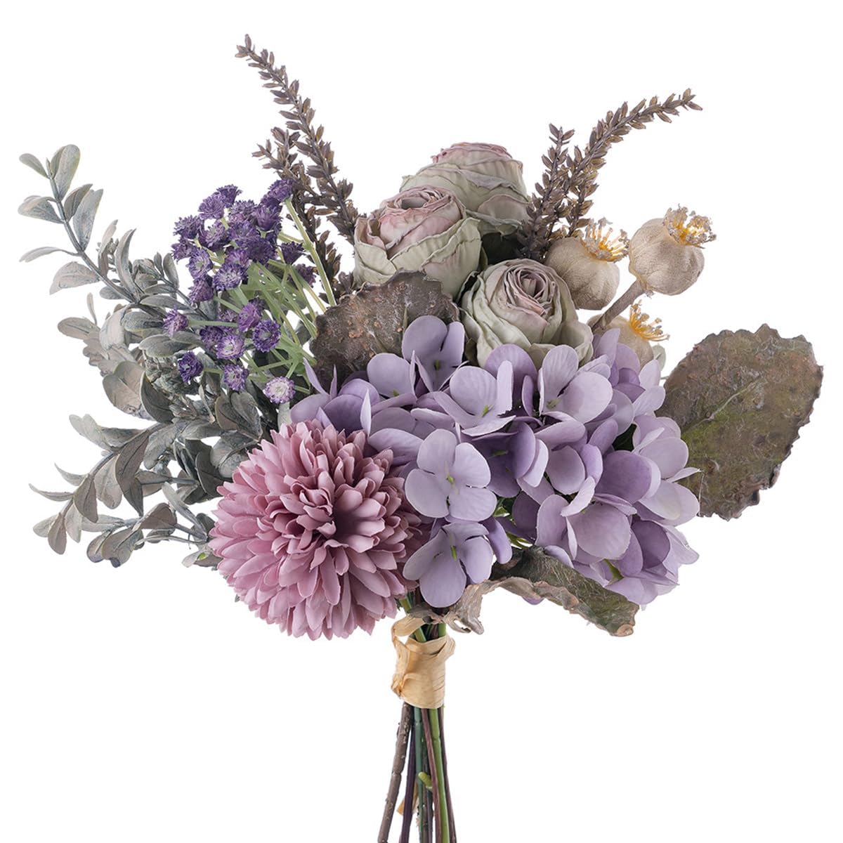 Photo 1 of ***(HEAVILY USED/ MINOR DAMAGE)***Peauley 13-inch Small Artificial Fake Flowers for Table Arrangements, Silk Faux Bouquets with Three Roasted Edge Roses, Hydrangeas, Globeflower, babysbreaths, Ideal for The Kitchen or Bedroom.