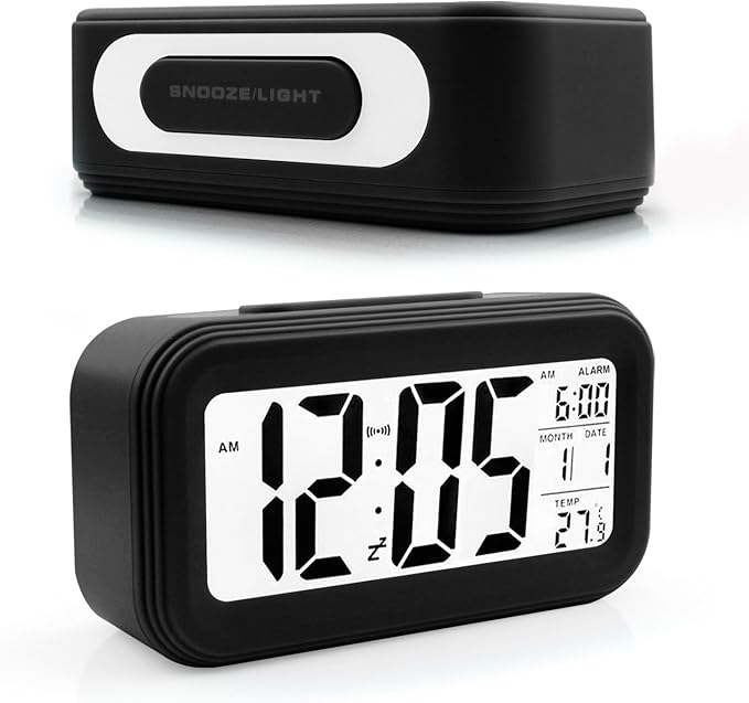 Battery Operated Digital LCD Alarm Clock Automatic Night Glow With