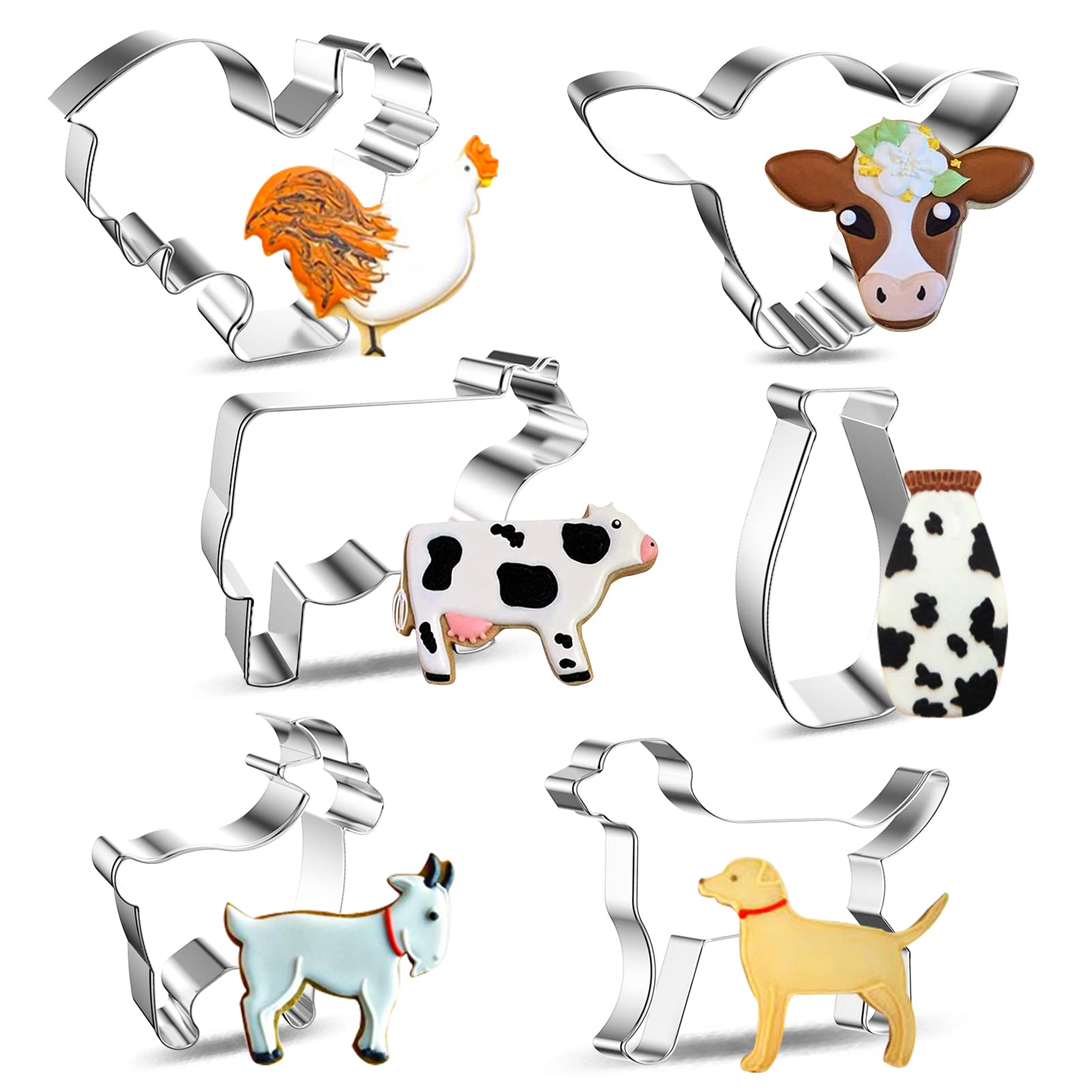 6Pieces Cow Cookie Cutters Set, Cookie Cutters Shapes Biscuit Cutters, Stainless Steel Fondant Mould Cake DIY Baking Pastry Cutters with Cow, Cow Head, Milk Bottle, Goat, Dog, Chicken